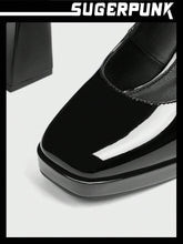 Sugerpunk New Black Lacquered Leather Thick High Heel Platform Mary Jane Shoes, Versatile Fashion Fall